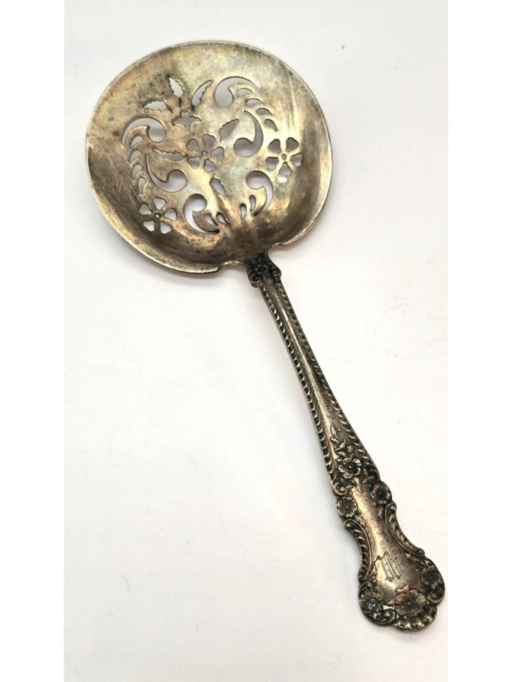 Antique Sterling Silver Pierced Serving Spoon Bonbon Floral Handle Mono CM2267